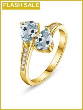 14K Gold Plated Adjustable Teardrop Birthstone Ring Simulated Aquamarine